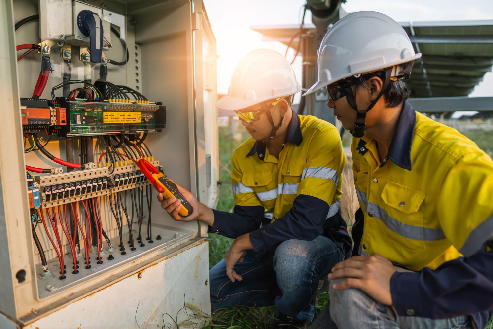 Dua teknisi sedang bekerja pada panel listrik dalam proses inspeksi instalasi